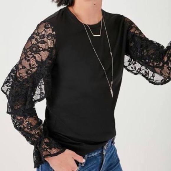 Stella & Dot Black Shirt with Romantic Lace Arms with Cuffs Size XS - Picture 1 of 10